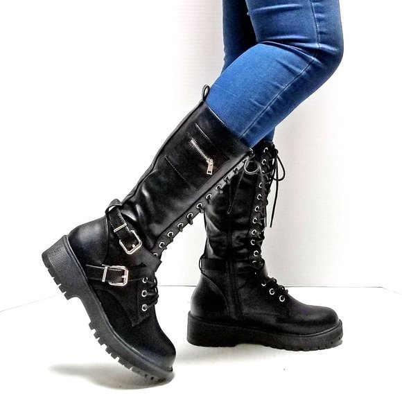 New Black Lace Up Knee High Combat Military Boots - Picture 5 of 6